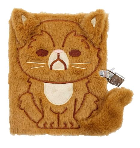 Ein Plüschbuch mit einer niedlichen, gestickten Katze, deren Schwanz und Öhrchen hervorragen. Schließt mit einem Schloss.