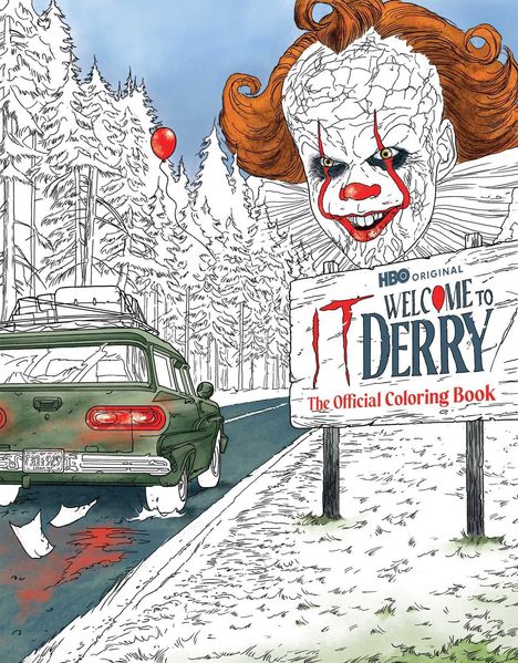 „Welcome to Derry“ steht auf einem Schild. Ein Clown mit roten Haaren lächelt unheimlich. Ein grünes Auto und ein roter Ballon sind sichtbar.