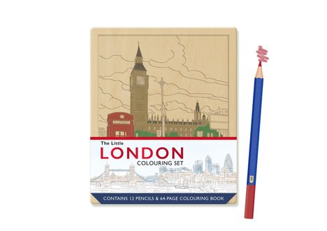 „The Little London Colouring Set“: Zeichnung von Big Ben und roter Telefonzelle, enthält 12 Bleistifte und Malbuch.