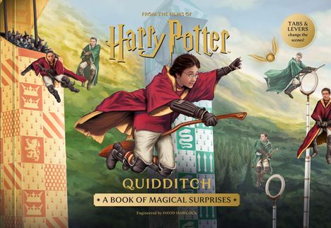 "FROM THE FILMS OF Harry Potter", "TABS & LEVERS change the scene!", "QUIDDITCH A BOOK OF MAGICAL SURPRISES"

Illustration von Quidditch-Spielern in Aktion.