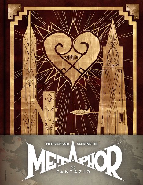Texte: „THE ART AND MAKING OF METAPHOR RE FANTAZIO“. Illustration eines stilisierten Herzens und hoher Gebäude.