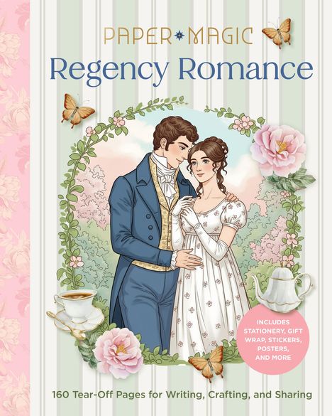 "PAPER MAGIC Regency Romance" steht in großen Lettern. Ein Paar in historischer Kleidung umgeben von Blumen und Schmetterlingen.