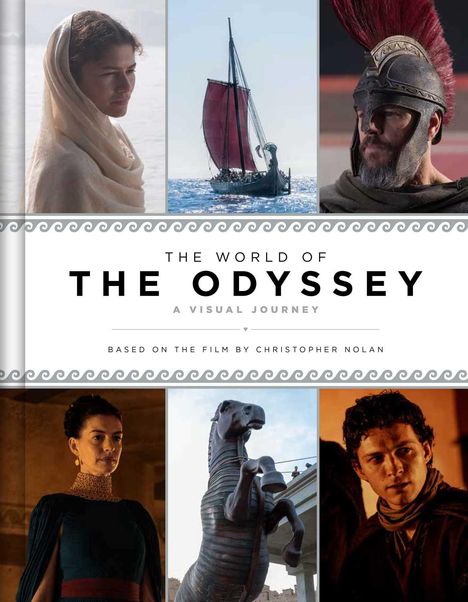 Text: THE WORLD OF THE ODYSSEY: A VISUAL JOURNEY. Bilder: Personen in antiken Kostümen, ein Schiff und eine Pferdestatue.