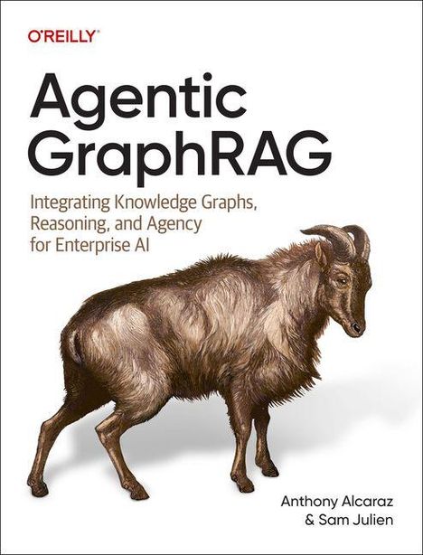 „Agentic GraphRAG“, Untertitel über Wissensgraphen und KI. Illustration einer Ziege. Autoren: Anthony Alcaraz & Sam Julien.