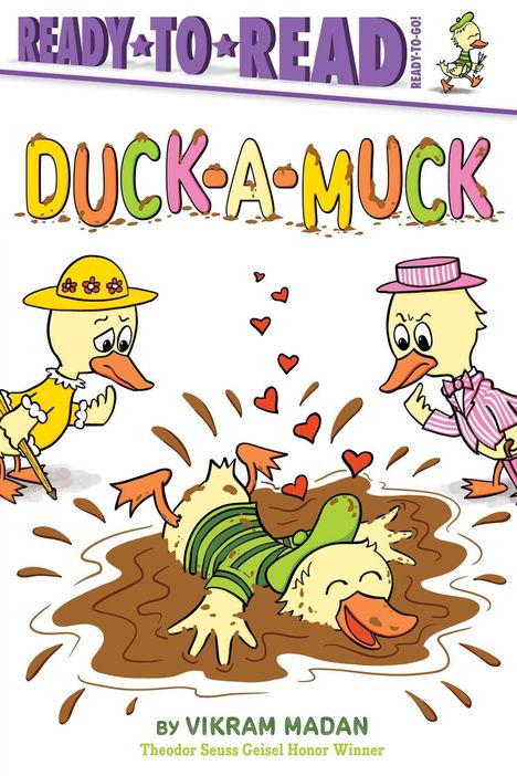 Oben steht "READY TO READ". Darunter "DUCK-A-MUCK". Zwei Enten schauen eine lachende Ente im Schlamm an.