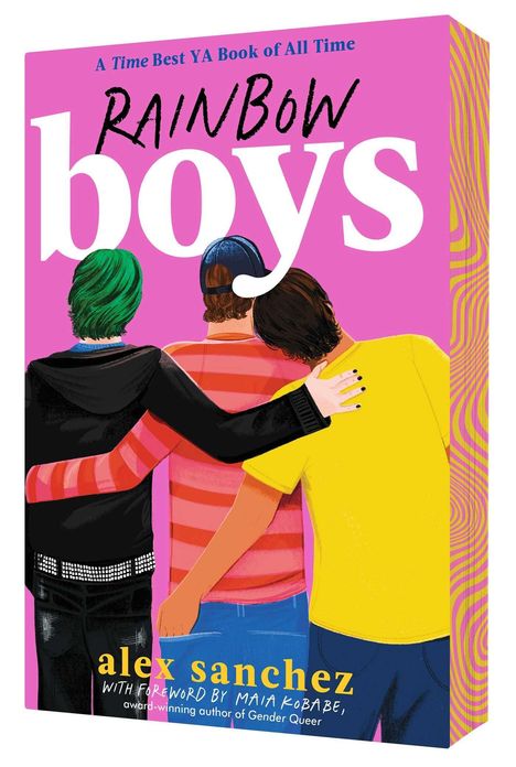 "Rainbow Boys" von Alex Sanchez. Illustration von drei Jungen von hinten, Arm in Arm, auf pinkem Hintergrund.