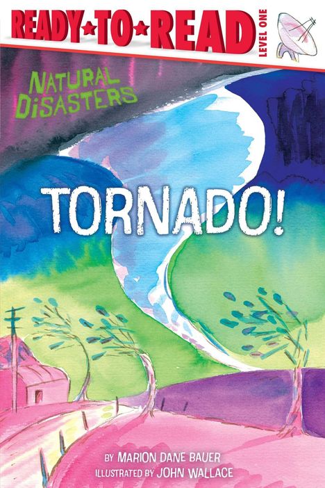 „READY TO READ, LEVEL ONE, TORNADO!“ in großen Buchstaben. Illustration eines Tornados in einer bunten Landschaft.