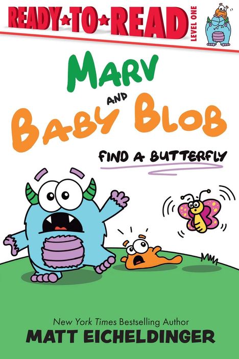„Marv and Baby Blob Find a Butterfly“. Illustration von Monstern und einem Schmetterling auf grünem Hintergrund.