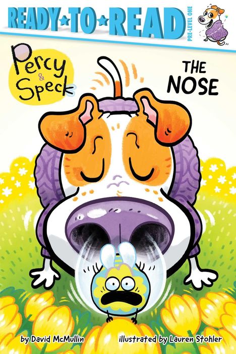 „Percy & Speck: The Nose“. Illustration eines Hundes mit großen Ohren, der eine verängstigte, bunte Biene anschnuppert.