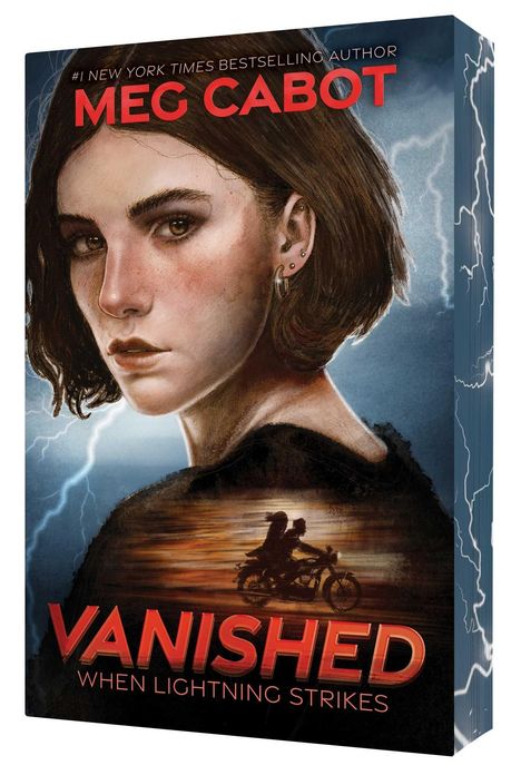 Text: "MEG CABOT", "VANISHED", "WHEN LIGHTNING STRIKES". Illustration: Eine Frau, Hintergrund mit Blitzen, Motorradfahrer.
