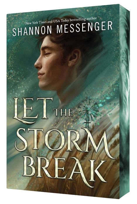 Text: "Shannon Messenger, Let the Storm Break." Eine Illustration zeigt eine nachdenkliche Person, Weizenfelder und ein Windrad.