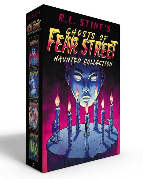 „R.L. Stine's Ghosts of Fear Street: Haunted Collection“ in gelber und weißer Schrift. Illustration mit Gesicht und Kerzen.