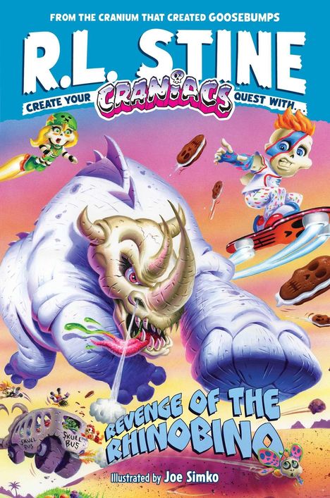 Text: "R.L. Stine", "Craniax", "Revenge of the Rhinobino" Illustration: Ein großes, monsterhaftes Nashorn greift Figuren auf Hoverboards an.