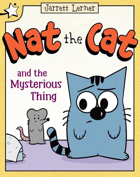 "Nat the Cat and the Mysterious Thing". Illustration einer besorgten blauen Katze mit großem Kopf neben einer kleinen grauen Maus.