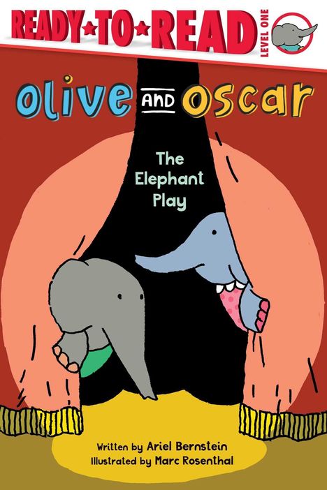 "READY•TO•READ LEVEL ONE" oben, "olive and oscar The Elephant Play" darunter. Zwei Elefanten hinter Vorhängen.