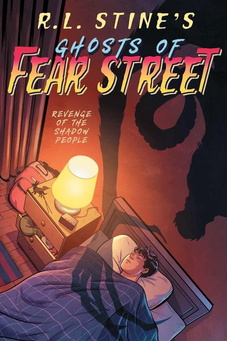 Text: "R.L. Stine's Ghosts of Fear Street: Revenge of the Shadow People." Illustration: Kind im Bett, Schattenfiguren.