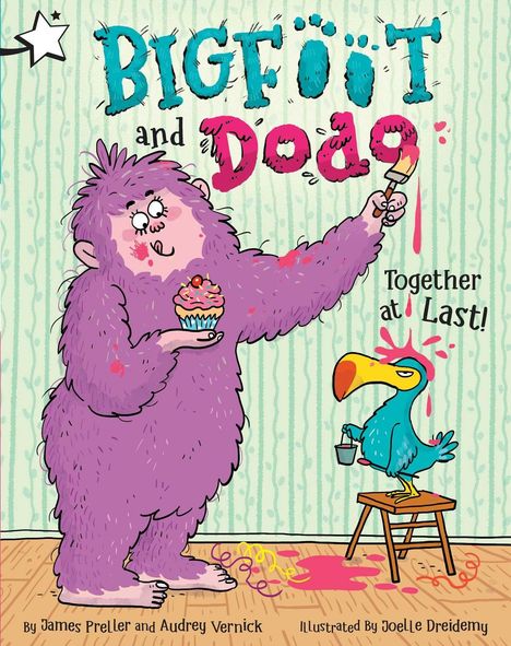 Text: "BIGFOOT and DODO", "Together at Last!". Illustration: Ein lila Bigfoot malt einen Vogel rosa an.