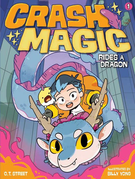 "CRASH MAGIC RIDES A DRAGON". Junge mit blauem Haar auf einem fröhlichen Drachen. Comic-Stil, lebendige Farben.
