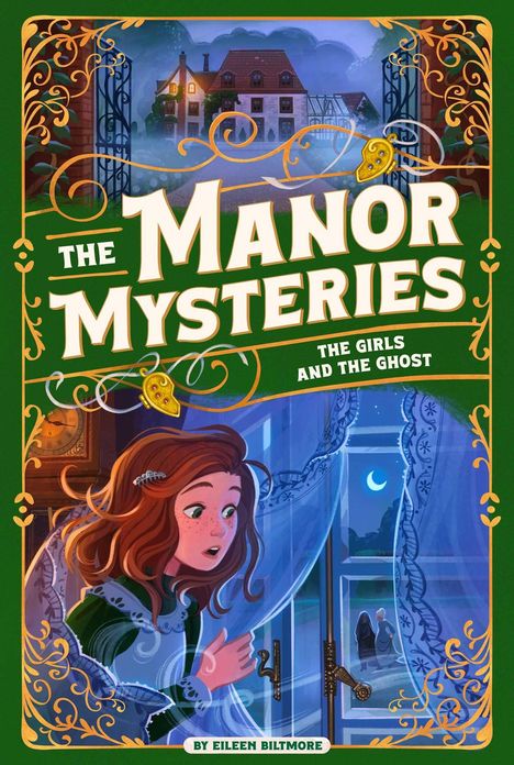 "The Manor Mysteries", "The Girls and the Ghost", Illustration eines Mädchens, das neugierig aus einem Fenster schaut.