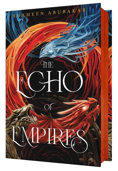"The Echo of Empires" von Shameen Abubakar. Illustration mit roten und blauen Drachen, die sich gegenüberstehen.
