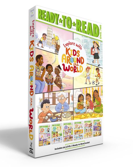 "Ready to Read", "Explore with Kids Around the World". Sechs Level 2 Bücher. Illustration von Kindern weltweit.