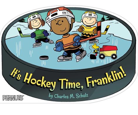 „It's Hockey Time, Franklin! by Charles M. Schulz.“ Drei Kinder spielen Hockey auf einem gefrorenen Teich.