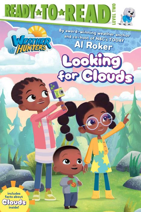 READY TO READ, LEVEL TWO, Weather Hunters, Al Roker, Looking for Clouds. Drei Kinder in einem Wald, eines filmt.