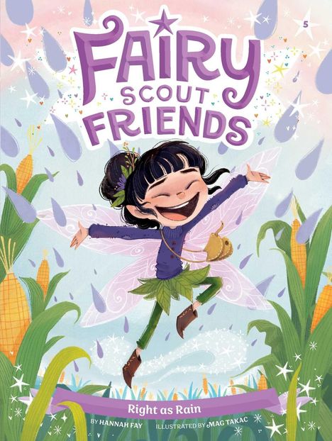 "FAIRY SCOUT FRIENDS" ist in lila Schrift geschrieben. Darunter fliegt eine fröhliche Fee umgeben von Mais und Regentropfen.