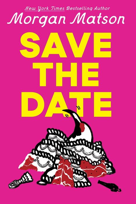 Text: "Morgan Matson. SAVE THE DATE." Illustration: Kuchenstück auf pinkem Hintergrund.