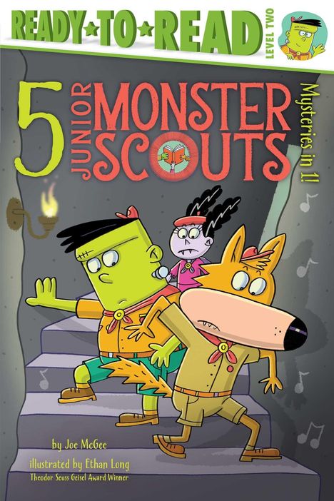 "5 Junior Monster Scouts" zeigt bunte Monsterfiguren auf einer Treppe in einem comicartigen Stil.