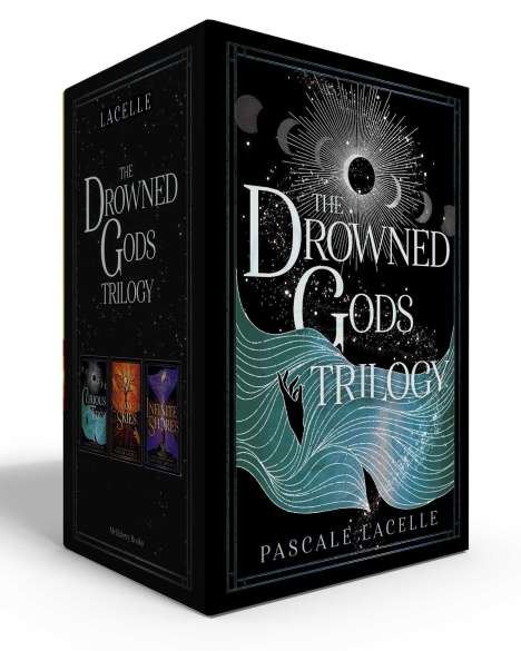 "THE DROWNED GODS TRILOGY" von Pascale Lacelle. Eine Hand ragt aus stilisierten Wellen, umgeben von Mondsicheln und Sternen.