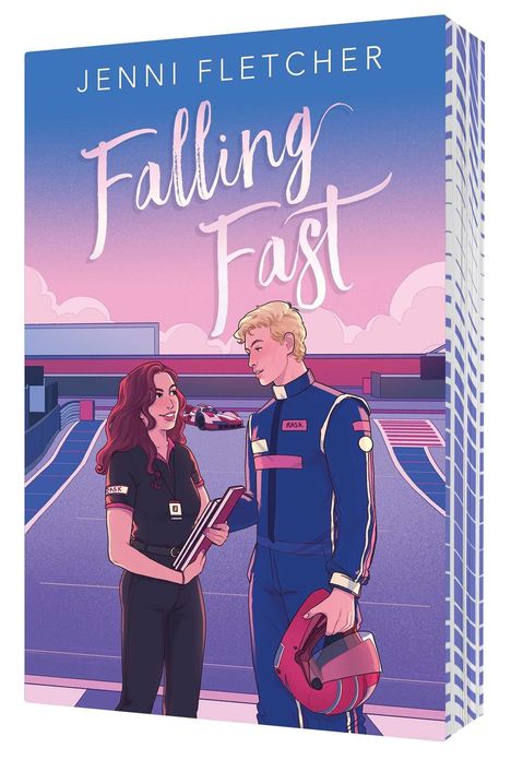 „Jenni Fletcher“, „Falling Fast“. Illustration: Frau mit Notizbuch, Mann im Rennanzug mit Helm, Auto im Hintergrund.