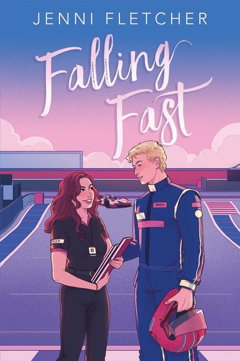 „Jenni Fletcher“ und „Falling Fast“ in stilvoller Schrift. Eine Illustration: Rennstrecke, Frau mit Buch, Mann im Rennanzug.