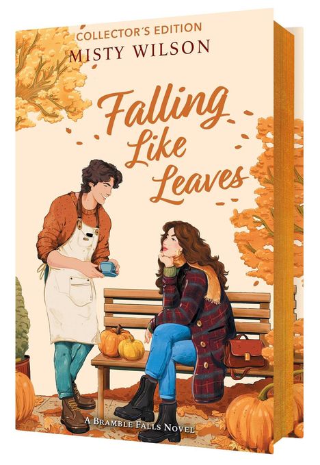 "Falling Like Leaves", "Misty Wilson", zwei Frauen auf Parkbank, Herbstszene, orange Blätter, Kürbisse, warme Kleidung.