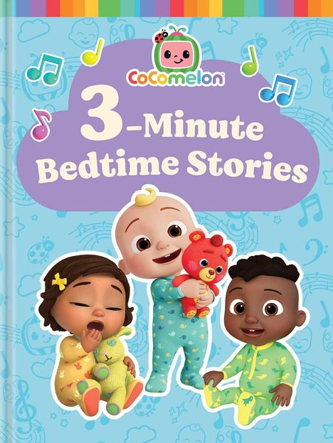 "3-Minute Bedtime Stories." Drei lächelnde Babys in Schlafanzügen, eines hält ein Stofftier. Musiknoten und Logo oben.