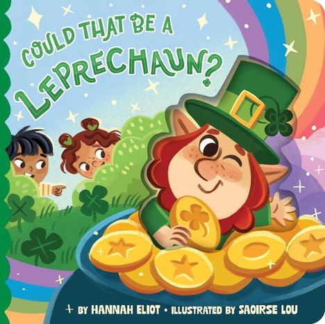 "COULD THAT BE A LEPRECHAUN?" Vor einem Regenbogen streut ein schelmischer Kobold Münzen. Zwei Kinder schauen neugierig aus einem Busch.