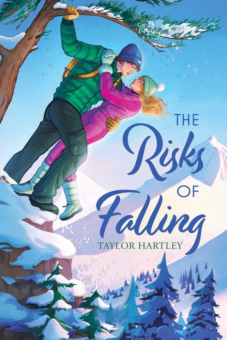 „The Risks of Falling“ und „Taylor Hartley“. Illustration: Zwei Personen in Winterkleidung hängen von einem Baum über einem Abgrund.