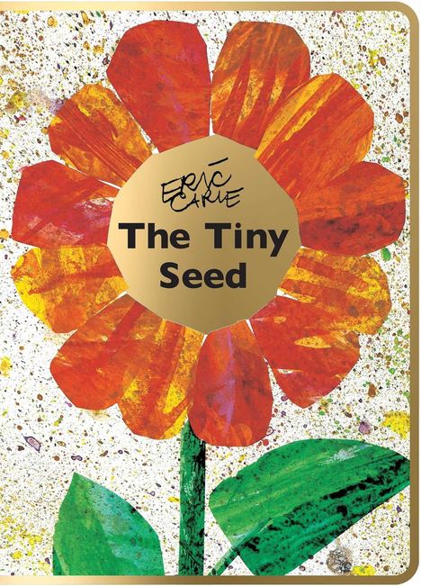 "The Tiny Seed", bunte Illustration einer großen Blume mit roten Blütenblättern und einem grünen Stängel.