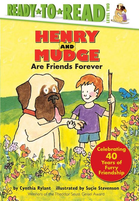 Titel: "Henry and Mudge Are Friends Forever". Ein Junge mit Stock und ein großer Hund in einem Blumenfeld.