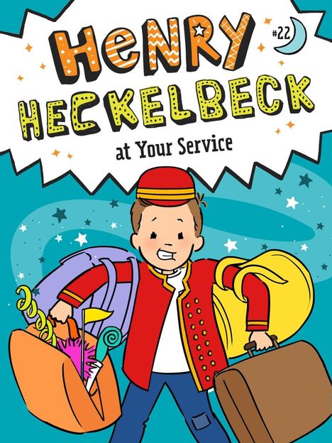 "Henry Heckelbeck at Your Service." Ein Kind in rot-gelber Uniform trägt Taschen. Verspielter, bunter Hintergrund.