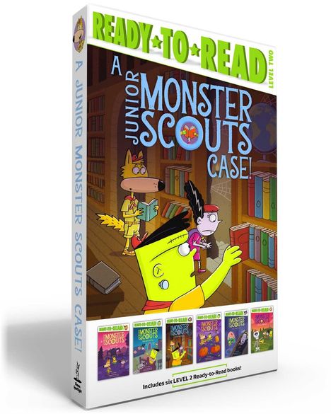 „READY TO READ“, „A JUNIOR MONSTER SCOUTS CASE!“, sechs bunte Monster-Cover, ein grüner Monster-Scout in einer Bibliothek.