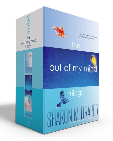 Text: "the out of my mind trilogy", "Sharon M. Draper", Zitat über ein elfjähriges Kind. Illustrationen: Fisch, Vogel.