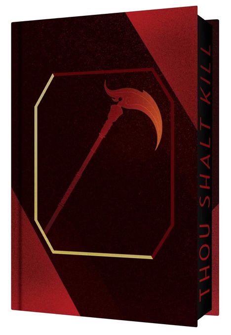 Text: "THOU SHALT KILL." Dunkle, rot-schwarze Gestaltung mit einer stilisierten Sichel in der Mitte.
