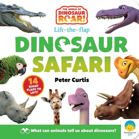 "Dinosaur Safari, 14 giant flaps to lift! Peter Curtis." Verschiedene Dinosaurier und Tiere sind dargestellt.