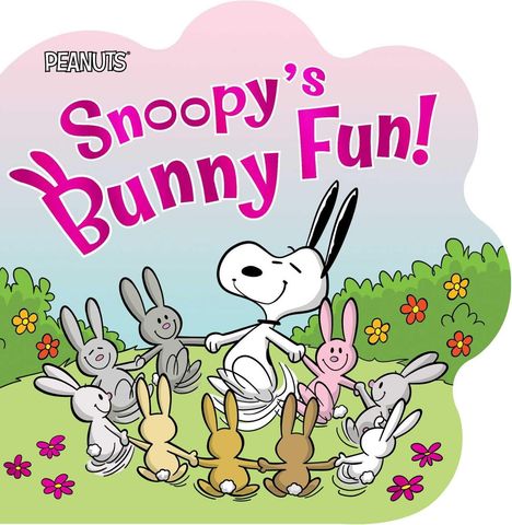 Text: "Snoopy's Bunny Fun!"  
Illustration: Snoopy tanzt fröhlich im Kreis mit bunten Hasen in einer blumigen Wiese.