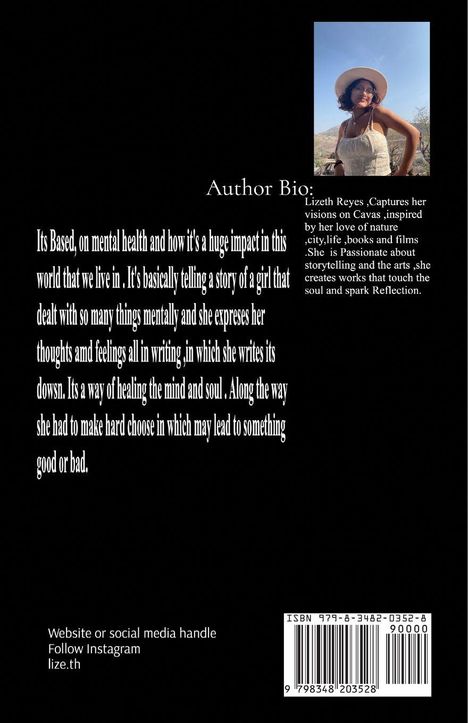 Autor Bio: Lizeth Reyes, inspiriert von Natur, Städten und Kunst. Geschichte über mentale Gesundheit und Heilung. Bild einer Frau.