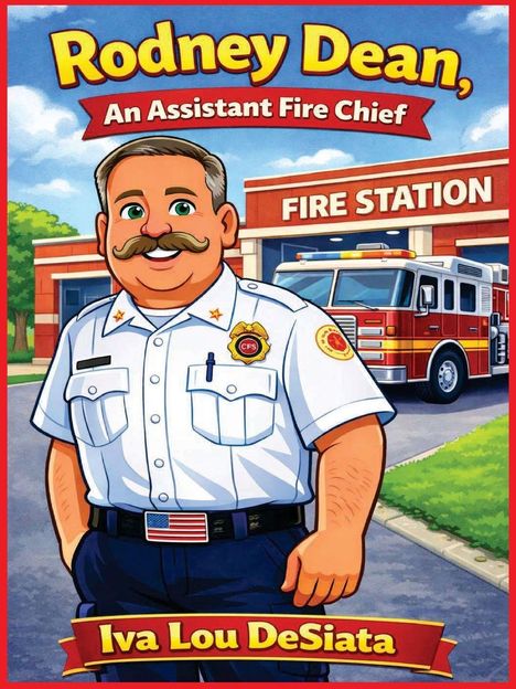 "Rodney Dean, An Assistant Fire Chief" und "Iva Lou DeSiata." Illustration eines Feuerwehrchefs vor einer Wache.