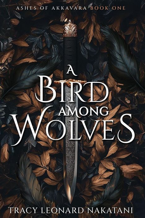 „A Bird Among Wolves“ von Tracy Leonard Nakatani. Ein kunstvoll verziertes Schwert auf dunklen, herbstlichen Blättern.