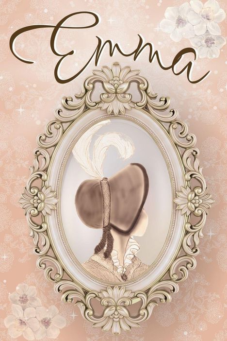 Text "Emma" in eleganter Schrift. Feminines Portrait mit Hut und Feder in opulentem, verziertem Rahmen auf floralem Hintergrund.