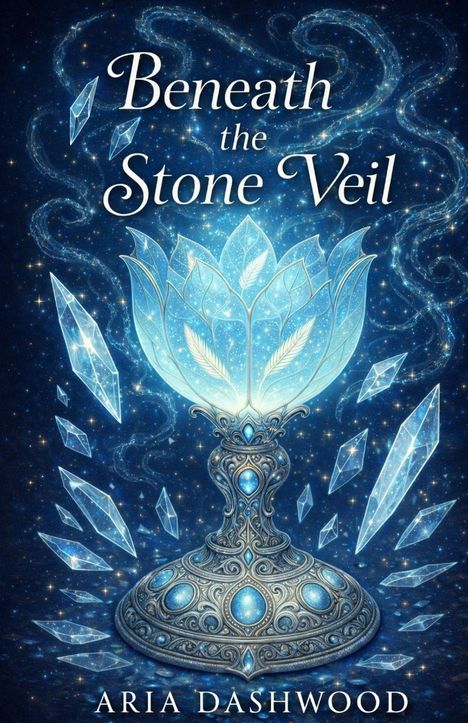 "Beneath the Stone Veil" und "Aria Dashwood". Detailliertes, leuchtendes Gefäß aus Kristallen und Blättern auf blauem Hintergrund.